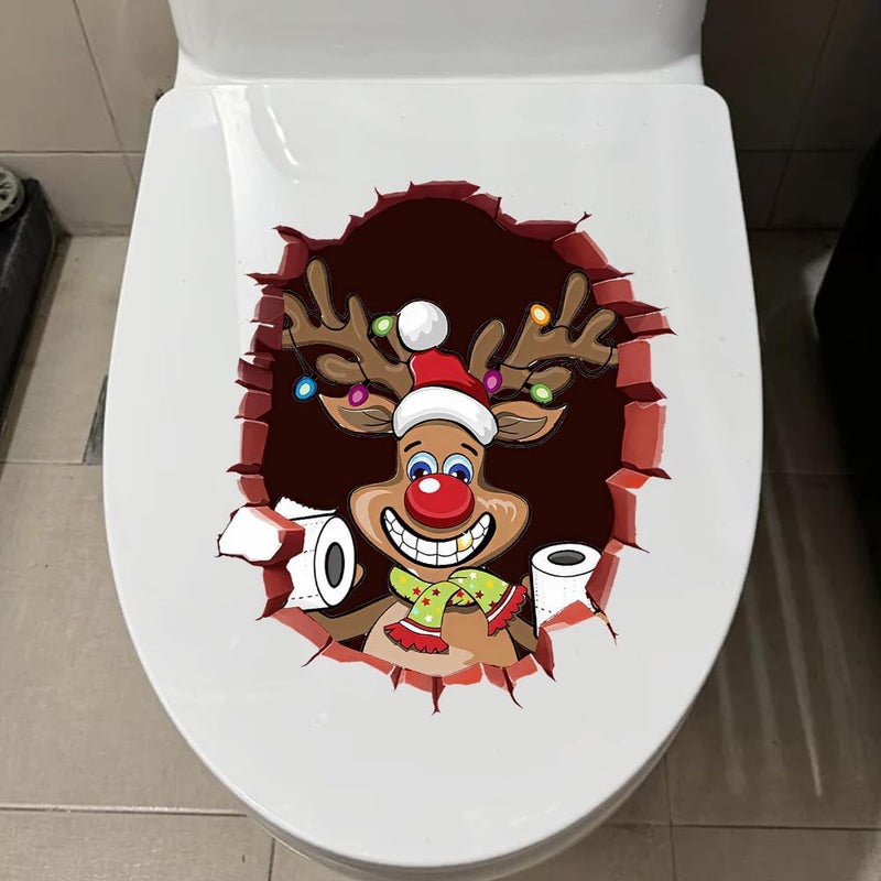 Iprokiu Christmas Toilet Sticker Santa Claus Reindeer Elf Toilet Seat Cover Decal Waterproof Christmas Crack Toilet Seat Lid Decal Snowman Elk Washroom Decoration (Smiling Reindeer) - Image 2